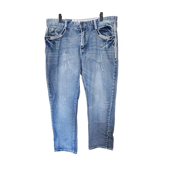 Encrypted Mens Distressed Straight Leg Denim Jeans 38/30 With Zip Detailing & Ba - Picture 1 of 6